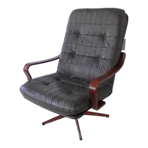 1960s Brown Leather Bentwood Lounge Chair Rosewood Finish Westnofa Style Swivel Chair