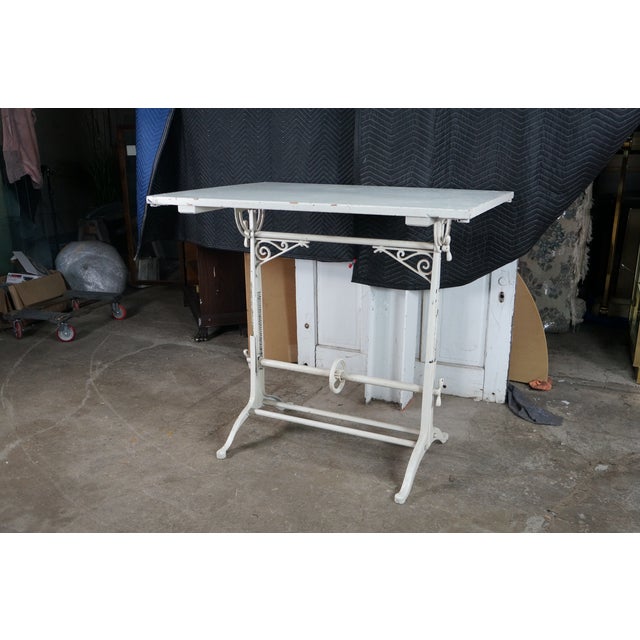 Off-white Antique Cast Iron Rack-and-Pinion Mechanical Work Desk Architects Drafting Table For Sale - Image 8 of 18