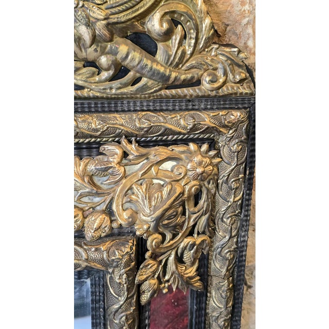 Wood Louis XIV Style Mirror with Blackened Wood and Repoussé Gilt Metal Panels, 1870s For Sale - Image 7 of 12