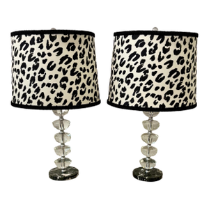 Vintage Crystal and Marble Lamps With Leopard Shades - A Pair