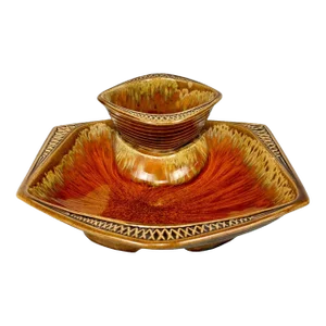 Mid-Century California Pottery Orange Drip Chip & Dip Serving Platter