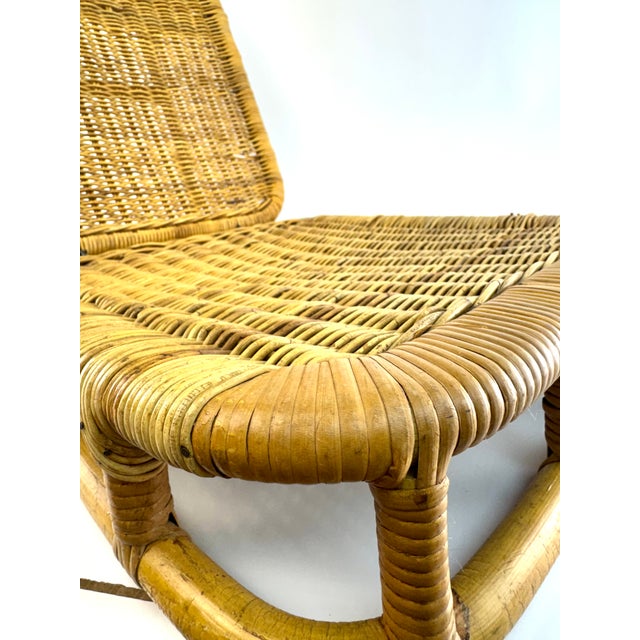 1960s Vintage Folding Rattan Lounge Chair, Low Profile Wicker Reclining Chair For Sale - Image 5 of 12