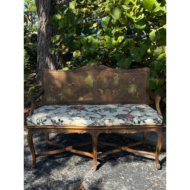 Wood 1940s Century Furniture French Provincial Cane-Back Bench With Carved Wood Frame and Floral Upholstered Seat For Sale - Image 7 of 10