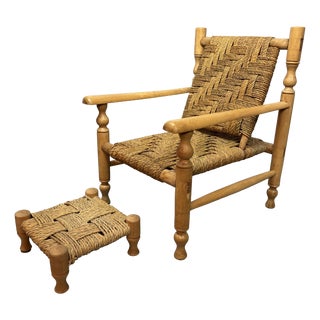 Set of Beech Easy Chair and Ottoman in Sisal Rope Wickerwork, 1960s. For Sale