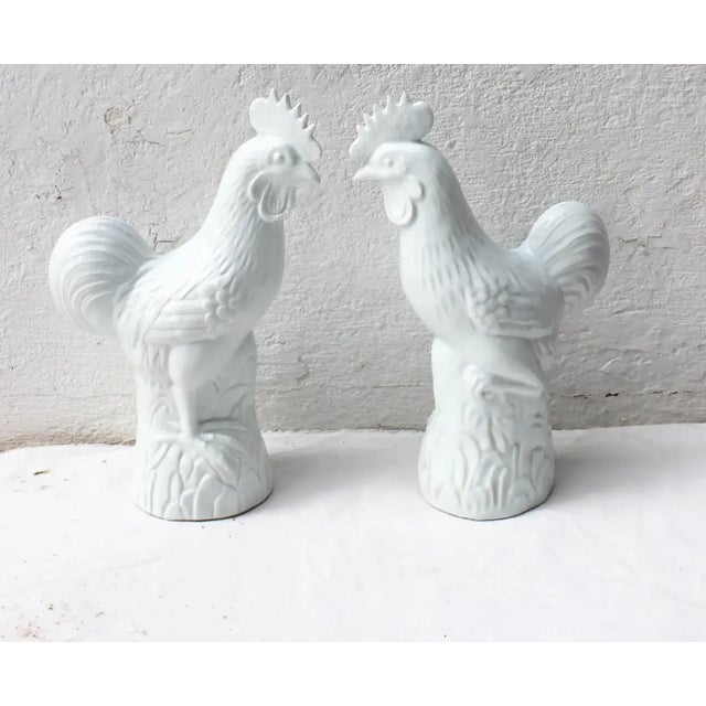 Pair of Vintage White Ceramic Roosters For Sale - Image 4 of 11