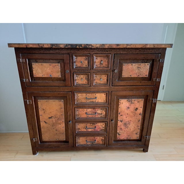1990s Authentic Mexican Francisco Reclaimed Wood & Hand-Hammered Copper Credenza For Sale - Image 5 of 5