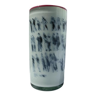 Unique Art Glass Vase With Graal Technique Drawings and Pink Rim For Sale