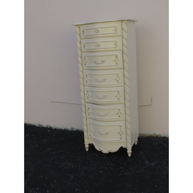 Shabby Chic French Shabby Chic Painted Carved Tall Narrow Lingerie Jewelry Chest 6406 For Sale - Image 3 of 18