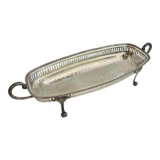 Vintage Silver Plate Oval Hammered Bread Tray With Handles and Shell and Paw Feet For Sale