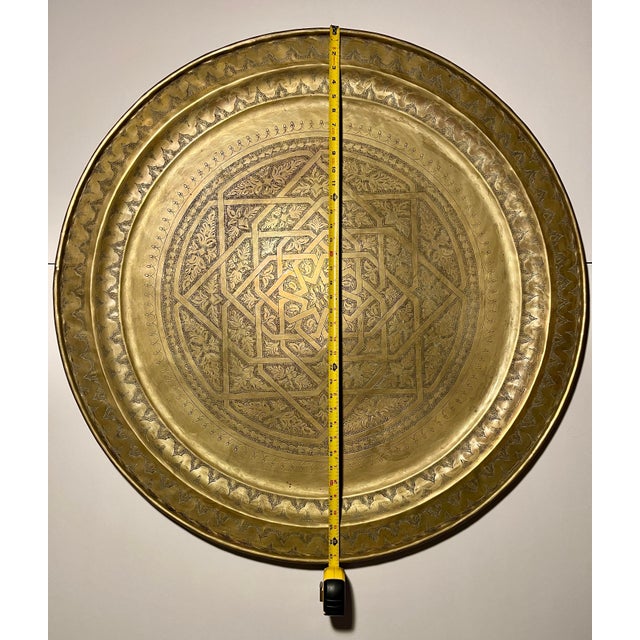 Moroccan 19th Century Massive Moroccan Solid Brass Etched Tray / Table Top For Sale - Image 3 of 6