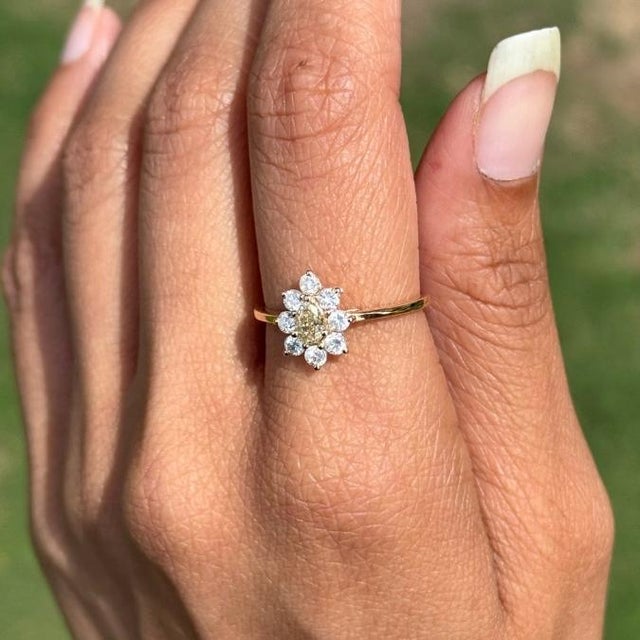 Metal 14k Gold Victorian Inspired Fancy Yellow Diamond Flower Cluster Ring Size 6 For Sale - Image 7 of 17