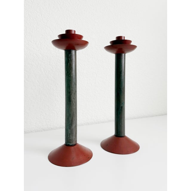 Contemporary Postmodern Memphis Milano Style Candle Holders, a Pair, Late 20th Century For Sale - Image 3 of 12