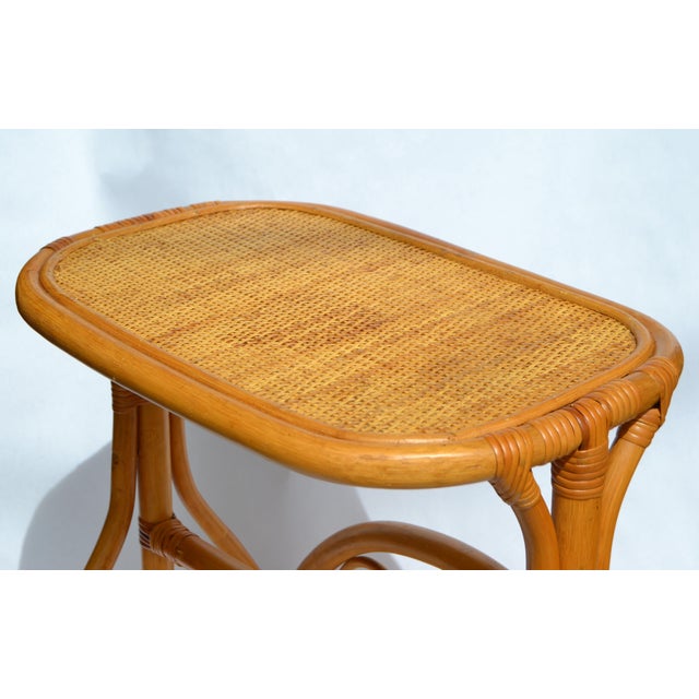 Brown Bamboo Cane Wicker Mid-Century Modern Side Bedside End Sofa Table Magazine Stand For Sale - Image 8 of 13
