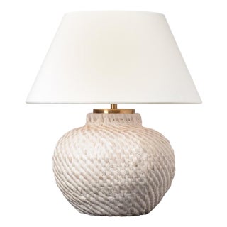 Marie Flanigan by Visual Comfort Signature Avedon 12" Cordless Accent Lamp in Plaster White Rattan with Linen Shade For Sale