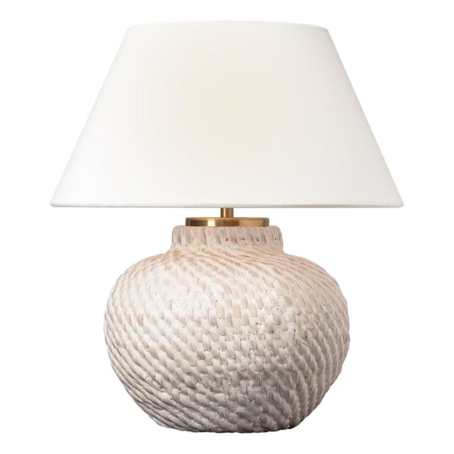 Marie Flanigan by Visual Comfort Signature Avedon 12" Cordless Accent Lamp in Plaster White Rattan with Linen Shade For Sale