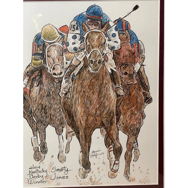 Illustration 1980s Kentucky Derby Bernice Batoff Smarty Jones Horse Jockey Watercolor Ink Painting For Sale - Image 3 of 12