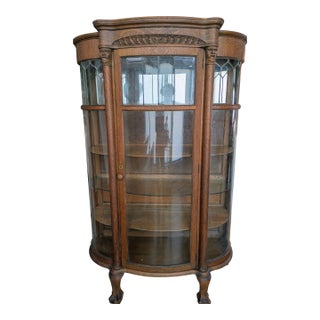 Antique Curved Glass Oak Cabinet For Sale