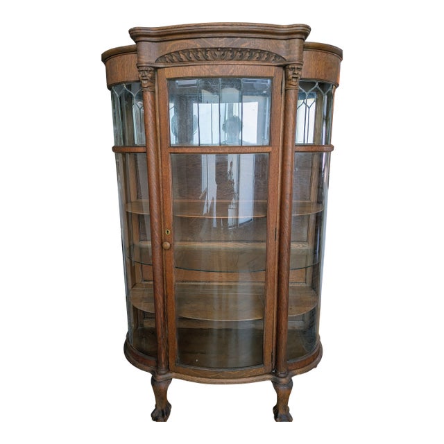 Antique Curved Glass Oak Cabinet For Sale