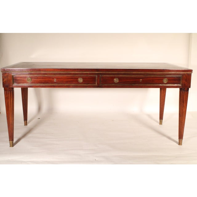 French Louis XVI Style Brass Mounted Mahogany Desk With Tooled Leather Top For Sale - Image 3 of 13