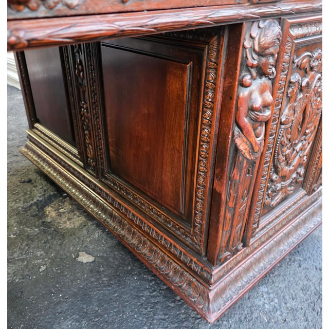 Antique Circa 1880 French Renaissance Revival Partner's Desk, Fully Carved on All Sides With Parquetry Top For Sale - Image 4 of 18