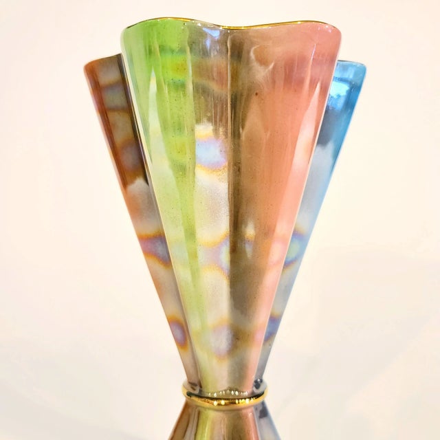 Vintage 1950's Sicas Sesto Fiorentino Rainbow Lustre Glaze Vase. Multicolored Art Deco style ceramic footed melon vase...