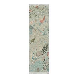 2.6x8ft. Light Blue Peacock Bird Garden Hand Knotted Wool Rug For Sale