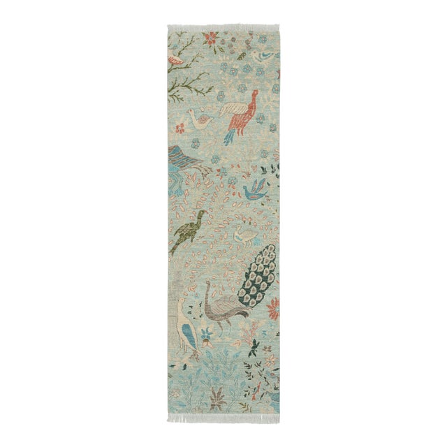 2.6x8ft. Light Blue Peacock Bird Garden Hand Knotted Wool Rug For Sale