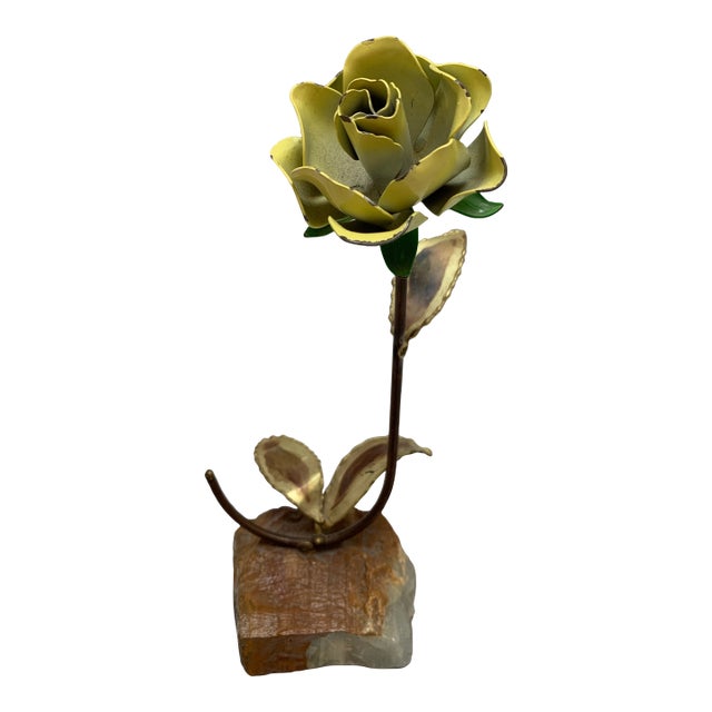 Vintage Midcentury Sculptural Decor Metal Yellow Rose For Sale