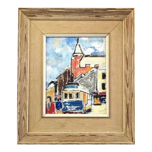 Mid-Century Modern "The Tram" Vintage Mini Swedish Street Scene Oil Painting, Framed