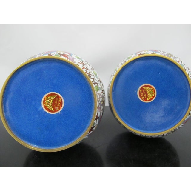 Chinese White Enamel Cloisonne Colorful Butterfly & Flower Vase Pair For Sale - Image 12 of 12