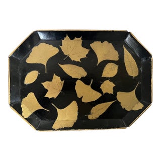Mid-Century Black Tole Tray With Gold Ginkgo, Aspen and Maple Leaf Design For Sale