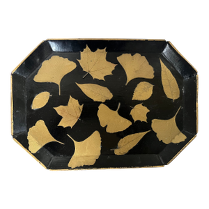 Mid-Century Black Tole Tray With Gold Ginkgo, Aspen and Maple Leaf Design