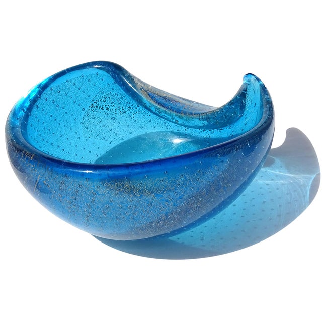 Mid-Century Modern Vintage Murano Sapphire Blue Gold Flecks Control Bubbles Italian Art Glass Tear Water Drop Dish Bowl For Sale - Image 3 of 8