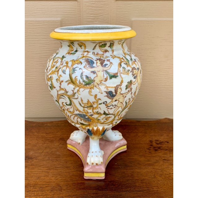 White Neoclassical Painted Faience Putti Vase on Paw Feet For Sale - Image 8 of 13