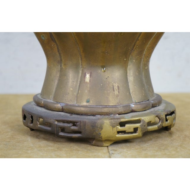 Large Mid Century Chinese Chinoiserie Brass Greek Key Mantel Vase Urn 16" For Sale - Image 12 of 13