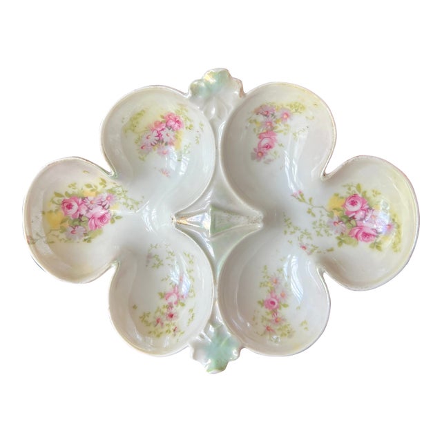 Early 1900’s French Lustreware Floral Oyster Plate, Deviled Egg Plate Unique Shape For Sale