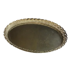 Hollywood Regency Vintage Mid-Century Modern Oval Gold Brass Filigree Ornate Vanity Tray With Mirror Jewelry Tray