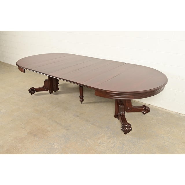 Brown R. J. Horner Antique Victorian Carved Mahogany Split Pedestal Extension Dining Table With Lion Paw Feet, Newly Refinished For Sale - Image 8 of 12