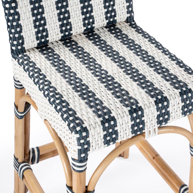 Serienna 24.5 in. Seat Height Rectangular Rattan Low Back Counter Stool, White/Navy Stripe/ Natural Rattan Frame For Sale - Image 11 of 11