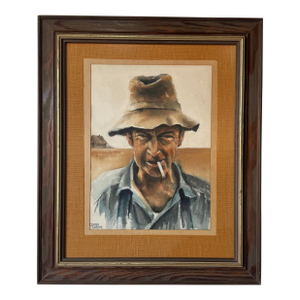 1970s Gustave Wander “Portrait of a Smoking Man” Watercolor Painting – Framed Under Glass
