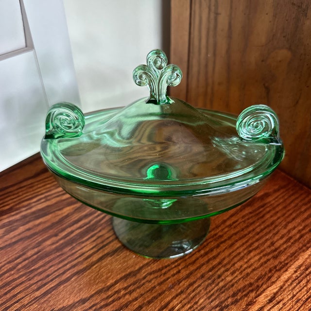 Art Deco Vintage Fostoria Glass Co. Vesper Green Footed Candy Jar & Cover, Also Known as a Covered Compote Bowl. For Sale - Image 3 of 10