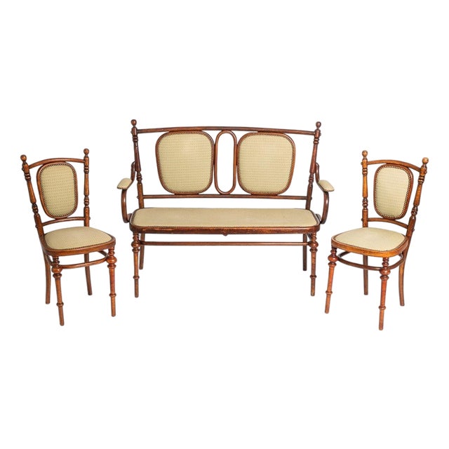 Antique Art Nouveau Bentwood Loveseat Bench and Side Chairs Salon Suite, 1900s For Sale