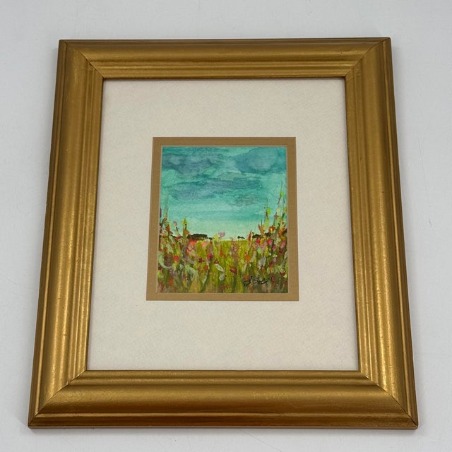 Turquoise Original Contemporary Wildflower Landscape Watercolor Painting Framed Signed 10x13 For Sale - Image 8 of 10
