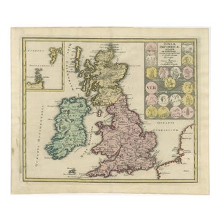 Britain and Ireland Map with Roman and British Coins, Weigel, 1718 For Sale