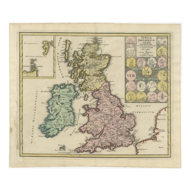 Britain and Ireland Map with Roman and British Coins, Weigel, 1718 For Sale