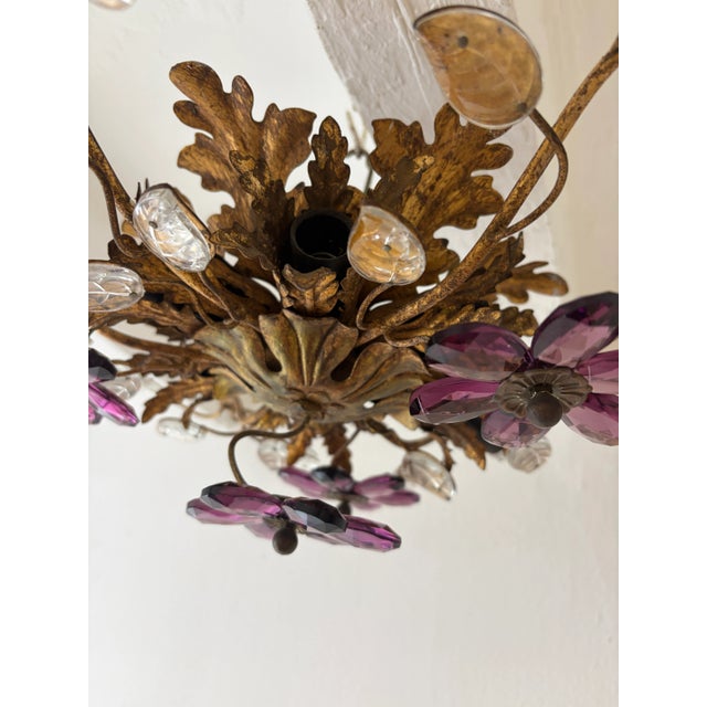 Glass Flush Mount Maison Baguès Crystal Amethyst Flowers Leaves Chandelier 6 Lights For Sale - Image 7 of 9
