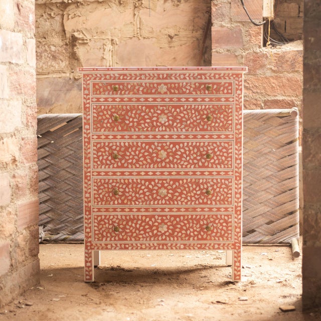 Arabesque Inlay Five-Drawer Tallboy - Coral by House of Jaipur For Sale - Image 9 of 10