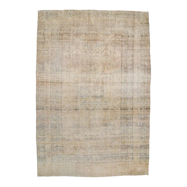 Antique Oversized Allover Botanical Design Beige Tan Blue Wool Hand-Knotted Rug 1920s - 10’11” X 16’2” For Sale