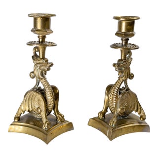 19th Century Victorian Pair of Brass Dragon or Griffin Form Candlesticks, Probably French For Sale