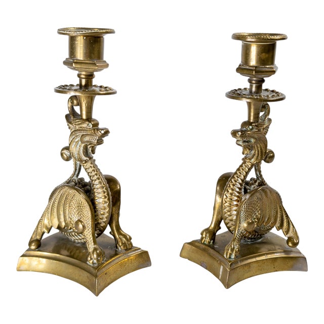 19th Century Victorian Pair of Brass Dragon or Griffin Form Candlesticks, Probably French For Sale